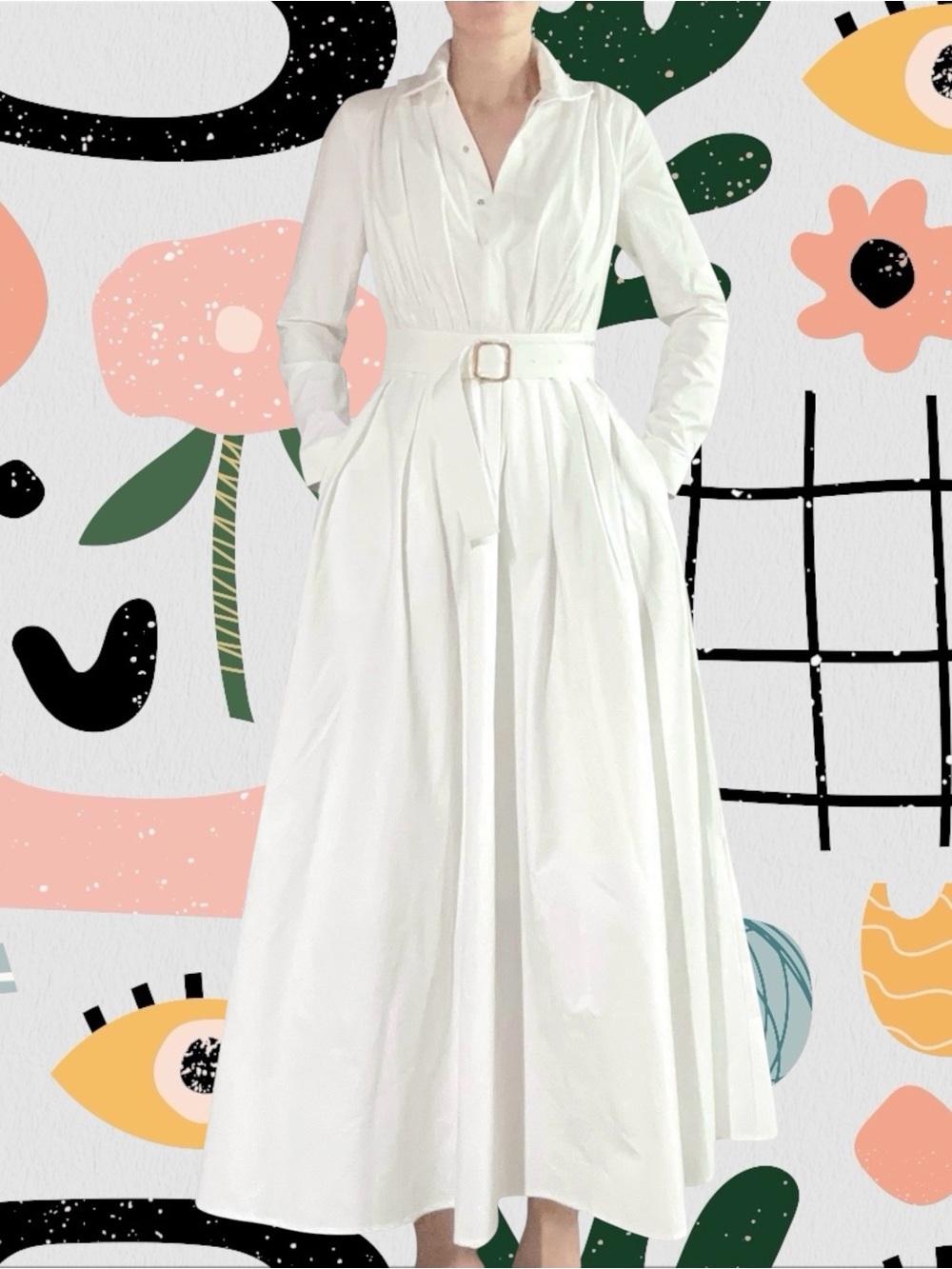 NWT✨ | Nooyius | White Classic Collared Long Sleeve Pleated Maxi Dress with Belt